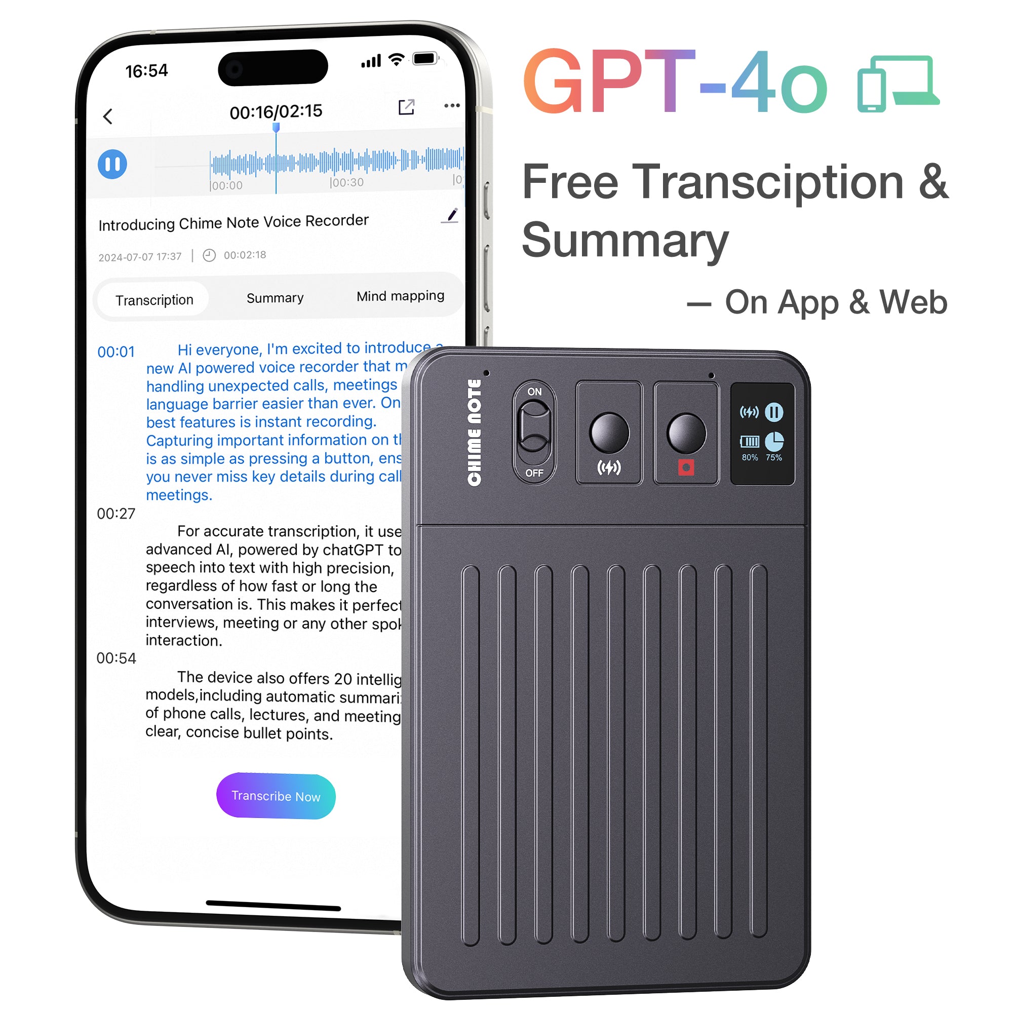 CHIME NOTE 錄音機配合手機 App 轉錄